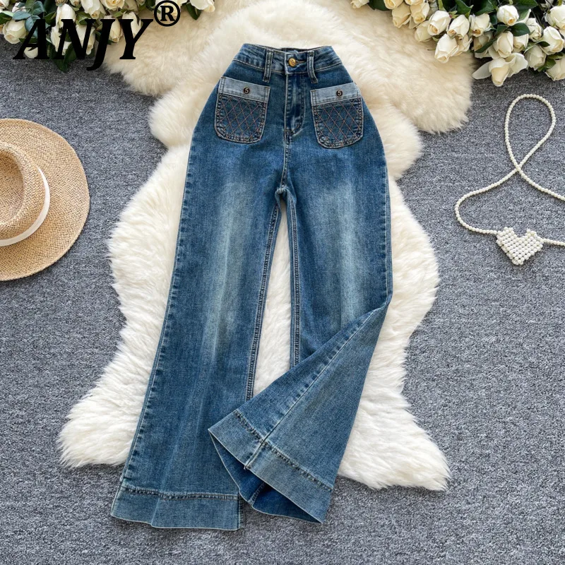 

ANJY Autumn New Women American Retro Jeans Heavy Craft Pocket Embroidery High Street Trendy Casual Slimming Straight Pants A8827