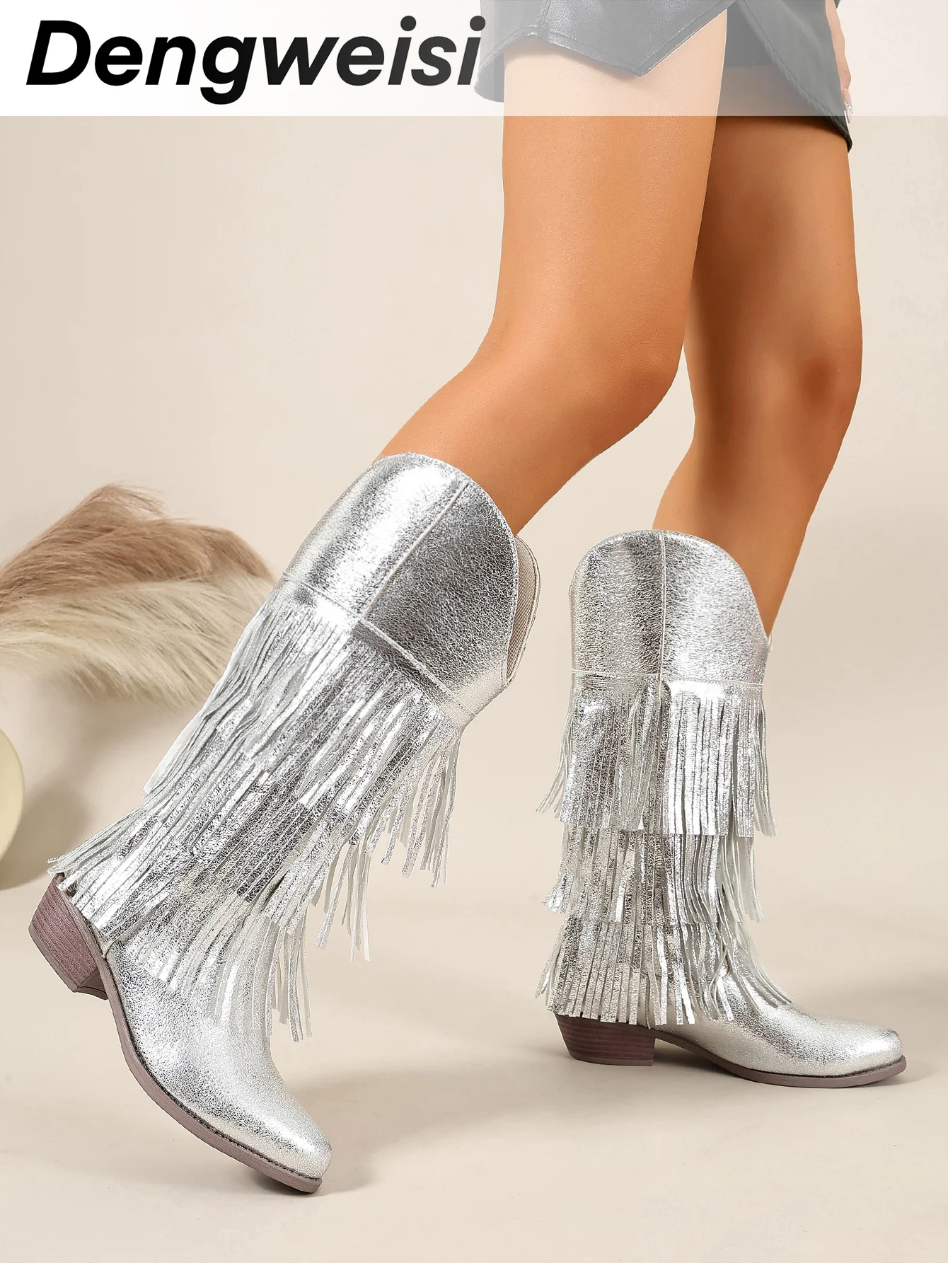 Silberglänzende, mehrlagige Quasten-Westernstiefel mit klobigen Absätzen und runden Zehen, geeignet für Bühnenauftritte und Party-Atmosphäre, stilvolle mittelhohe Stiefel, die bis zum Knie reichen. – Detail 2