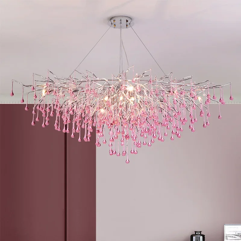 Modern Pink Crystal Chandelier Luxury Branch Princes Hanging Light For Girl Room Bedroom  Decor LED Colorful Hanging Lamp