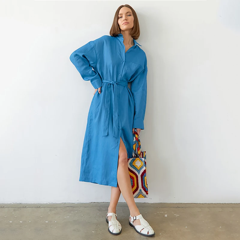 

Alieneon Casual Ladies Midi Dress Women Long Sleeve High Waist Blue Dresses Cotton Autumn Winter Maxi with Belt Single Breated