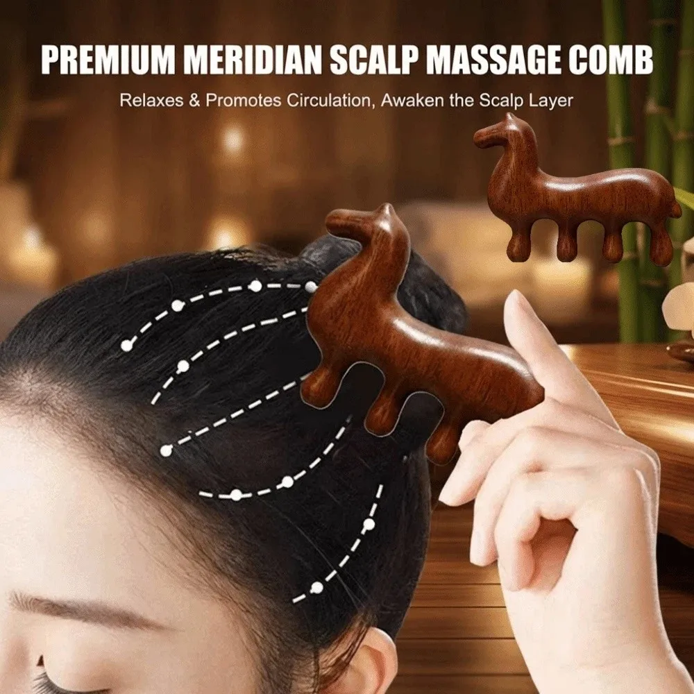 Sandalwood Meridian Massage Comb Zodiac Horse Coarse Tooth Scalp Point Massage Brush Help Blood Circulation Anti-Static