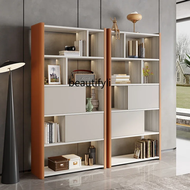 

Light luxury saddle leather bookcase solid wood floor-to-wall display case shelf study display
