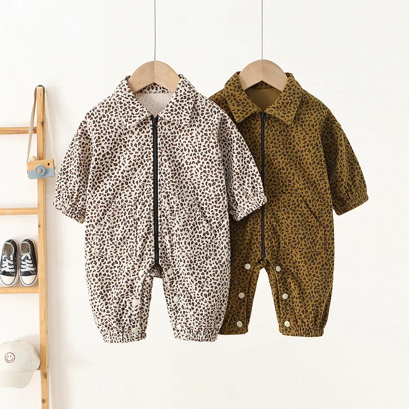 

LILIGIRL 2025 Autumn New Baby Clothes Full Of Leopard Print Boys Jumpsuits Corduroy Girls Rompers Toddler Outfit