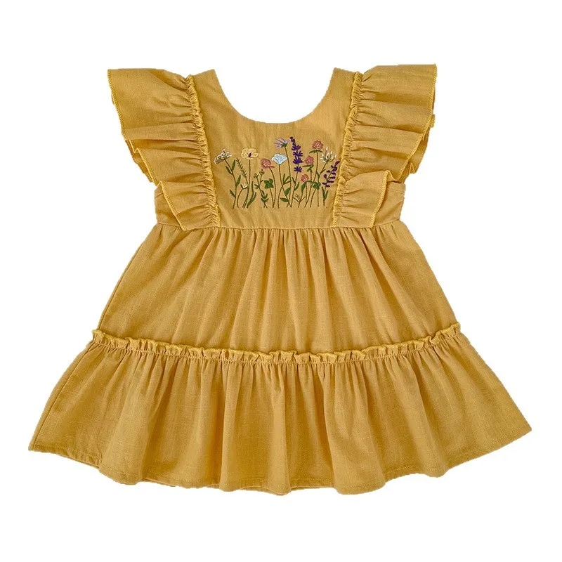 Y2K Style Girls Summer New Style Ruffle Sleeve Embroidered Cotton Vest Dress Korean Version Children's Dress Floral Print Dress