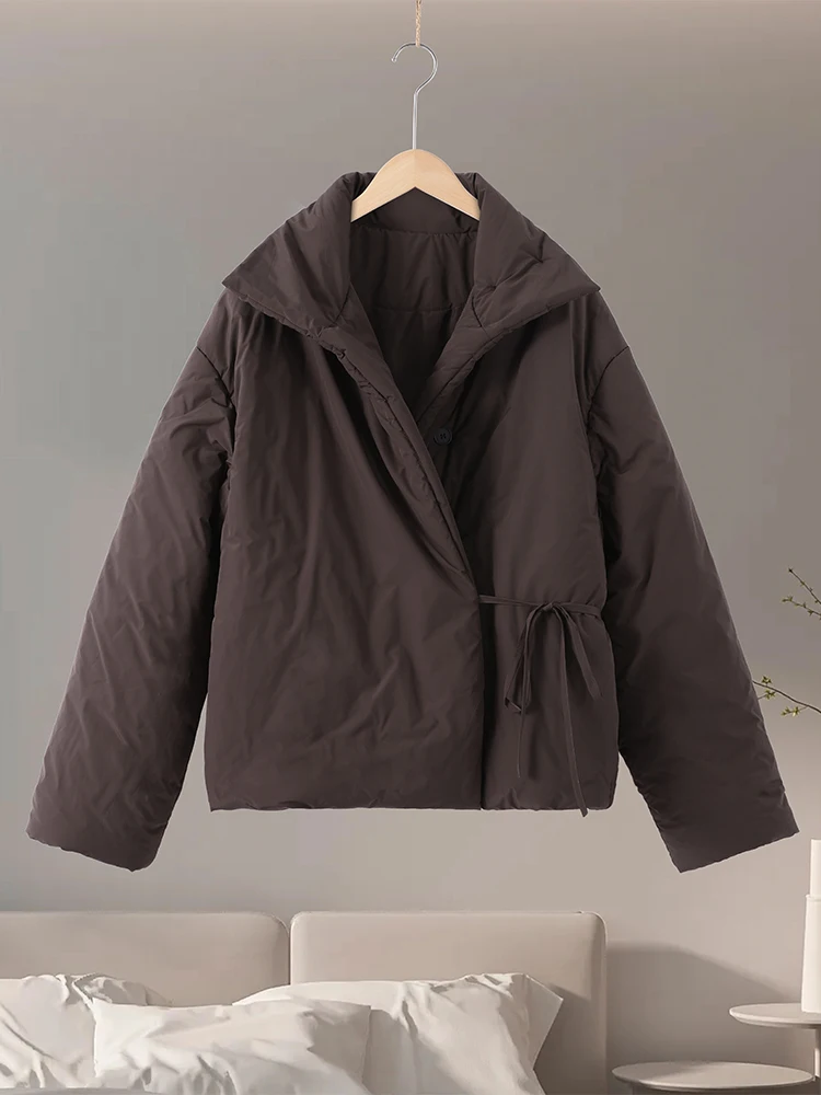 

Женские коричневые зимние куртки с воротником-стойкой, утепленные хлопковые пальто с длинными рукавами, 2025 г., модная женская повседневная теплая свободная верхняя одежда