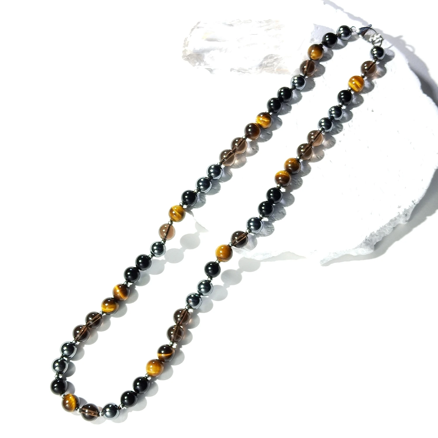 Lii Ji 8mm/10mm Smoky Quartz Hematite Tiger's Eye Black Agate Stainless Steel Necklace Trendy Bohe Necklace For Male Female