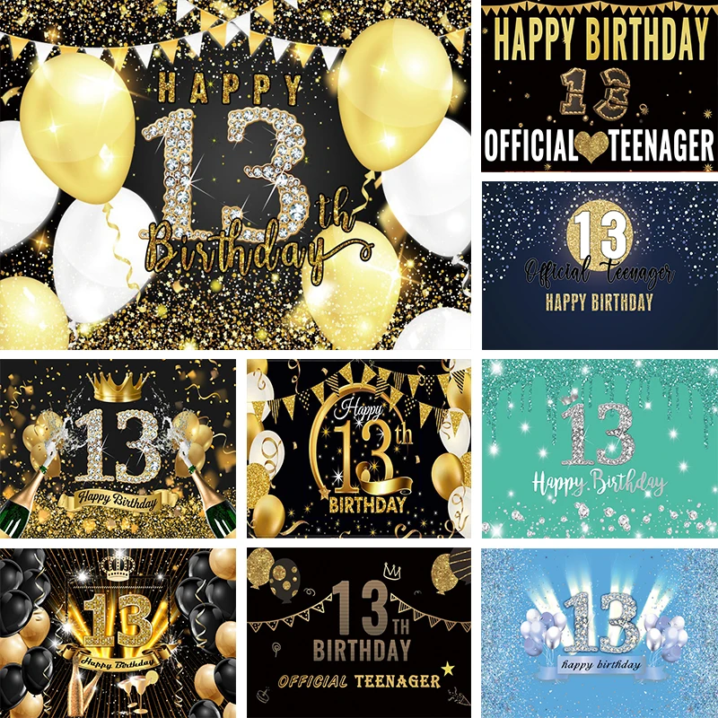 

Black Gold 13th Birthday Backdrop 13 Years Official Teenager Jewish Boy Bar Mitzvah Photo Background Balloon Party Decorations