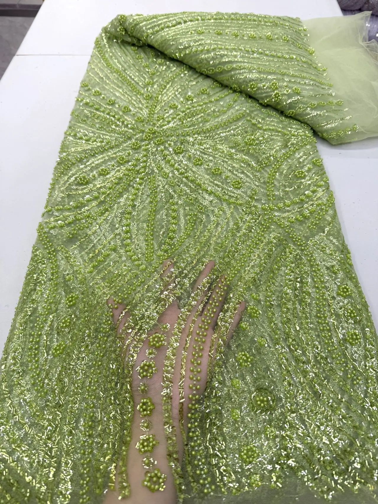 

2026 African Lace Fabric Nigerian High-Quality Tulle with Beads Stone Embroidery Sequins 5 Yard for Prom Dresses Sewing JY513