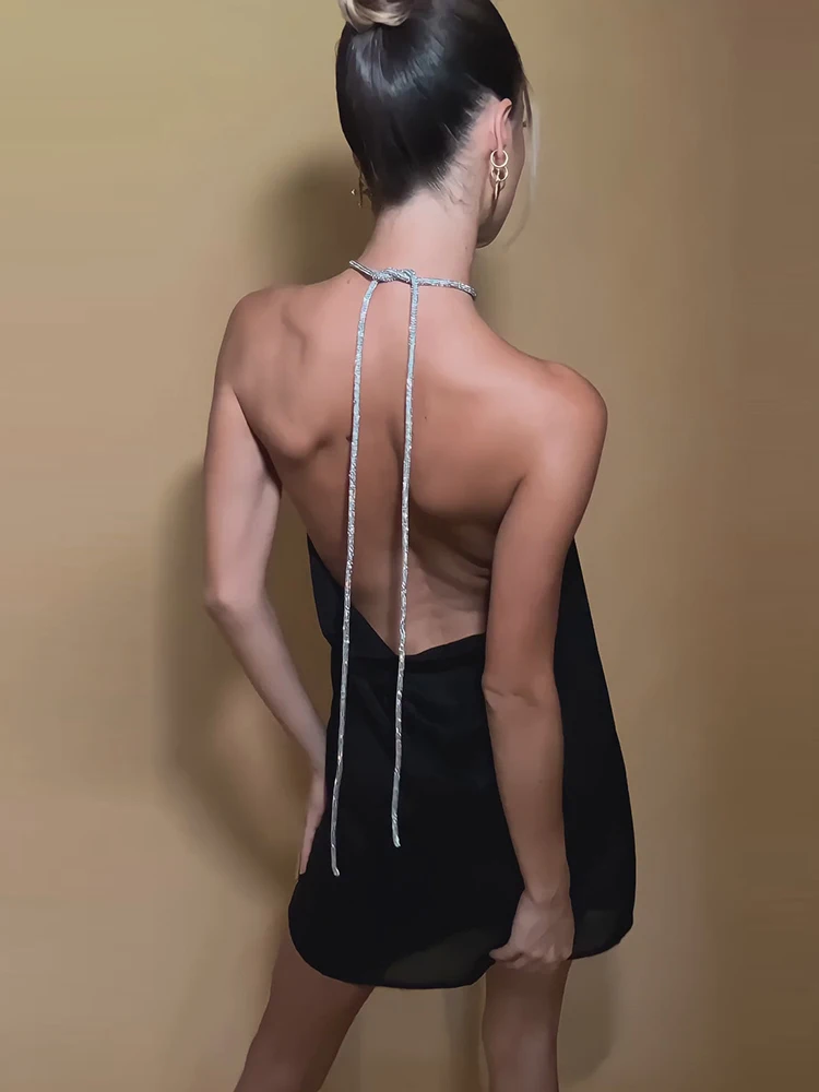 

Sibybo Satin Diamonds Chain Backless Dress Women Halter Sleeveless Loose A-line Mini Dresses Summer Vacation Beachwear Vestido