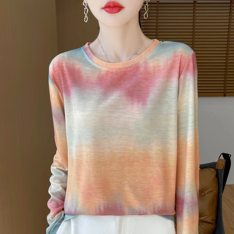 Spring And AutumnNew Women\'s Round Neck Pullover Multi-Color Printed Casual Base Sweater Long Sleeved Loose Fashion Sweater
