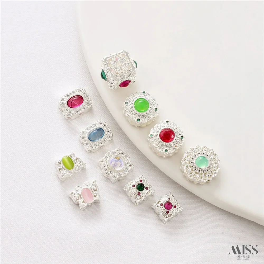 Moonstone Imitation Jade Thick Plating Sterling Silver Color Hollow Bead Partition DIY Bracelet Necklace Beaded Accessories