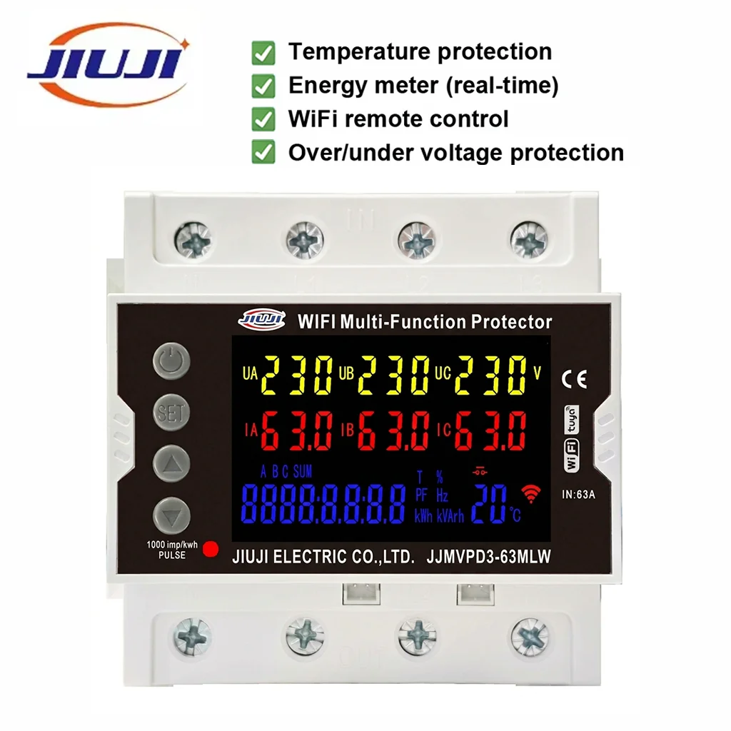 JIUJI JJMVPD3‑80MLW 3‑Phase DIN Rail Protector AC80‑300V 80A LCD Energy Monitor RS485 Overheat Unbalance Auto Reset