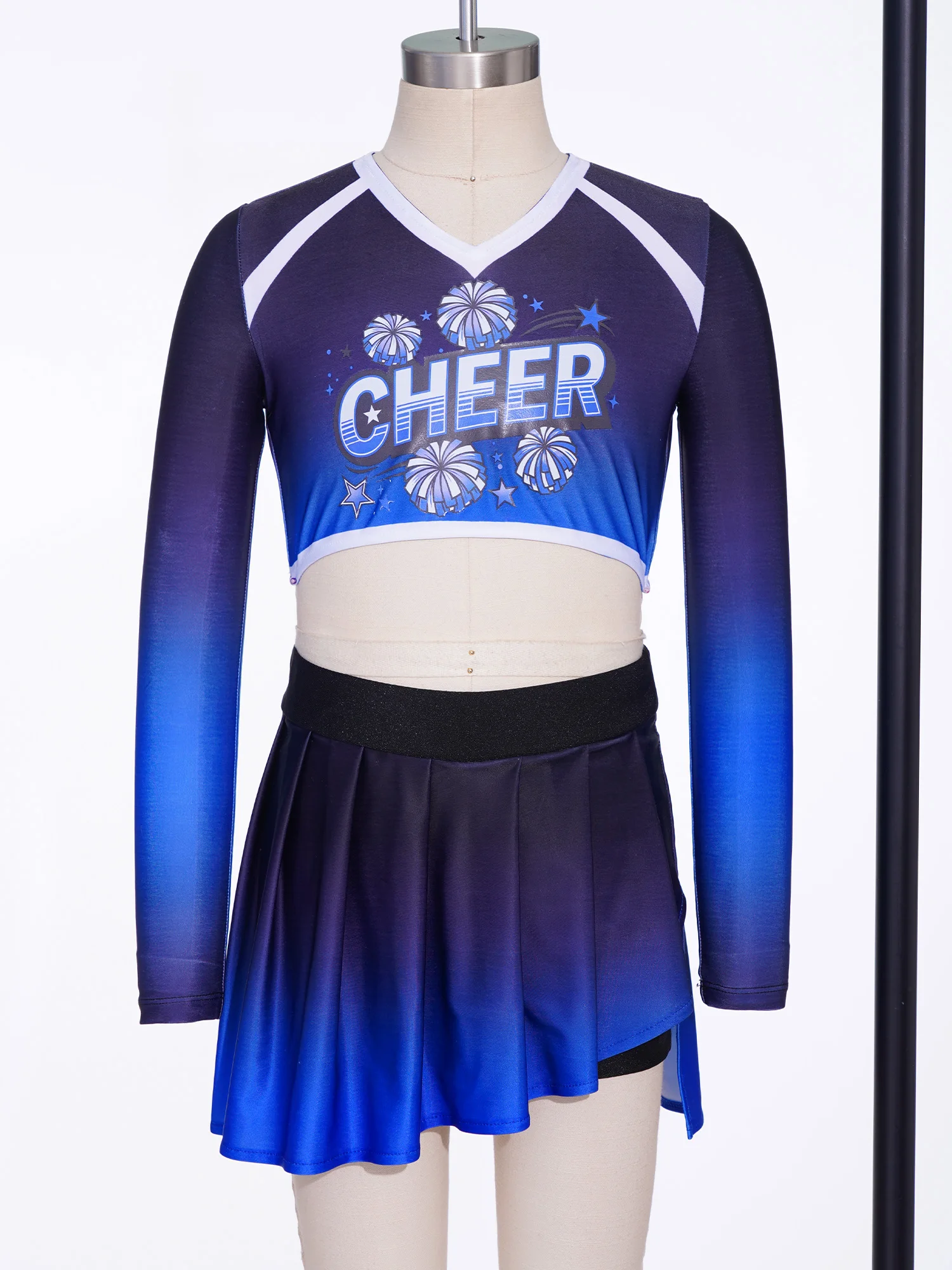 Kids Girls Cheerleading Dance Uniform Gradient Color Outfit V-neck Long Sleeve Letter Print Crop Top and Pleated Skirt Cheer Set