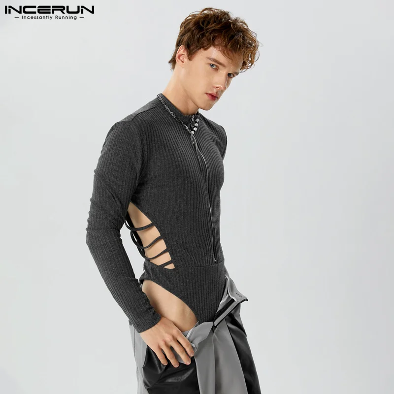 

2023 Men Bodysuits Solid Hollow Out O-neck Long Sleeve Streetwear Male Rompers Zipper Fitness Fashion Bodysuit S-3XL INCERUN 7