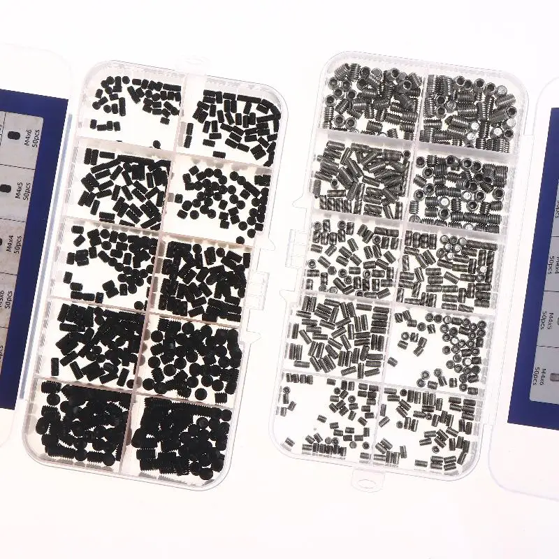 500pcs M2.5 M3 M4 DIN913 304 Stainless Steel Black Hex Hexagon Socket Allen Flat Point Grub Bolt Set Screw Kit Box