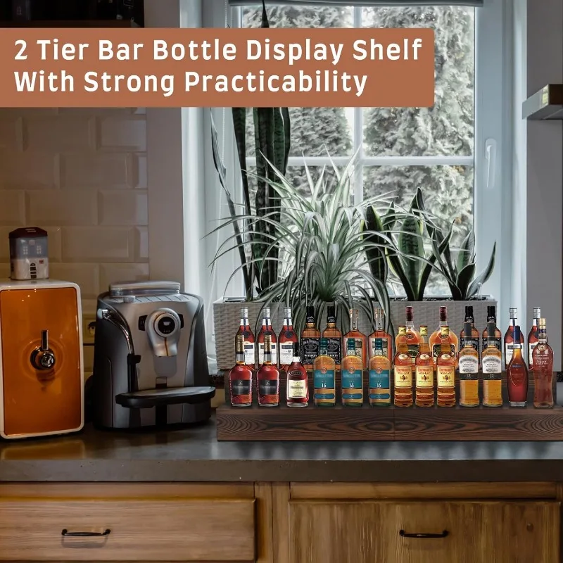 Bottle Display Shelf 2 Pack, Wood Bar Bottle Shelves,Tabletop Wine Rack,Tiered Bottle Stand, Bar Shelf Stand for Liquor,