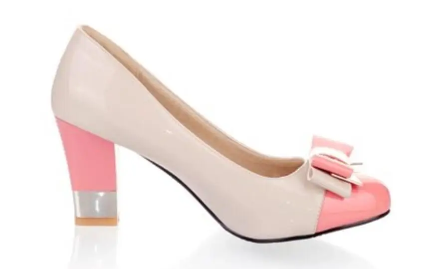 KNCOKAR Hot  Women Pumps Shallow Color Block Thick High Heels Shoe Sweet and Hard Color Bow High Bowtie Pink  Size 34-43