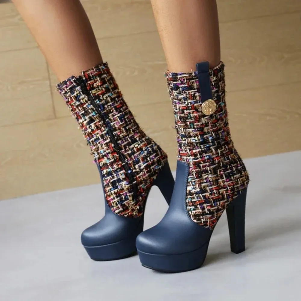 حذاء برقبة للركبة للنساء مصمم مثير موضة جولة تو عالية الكعب الجانب سستة منصة طويلة الأحذية حجم كبير 48 49 50 33-27 #5