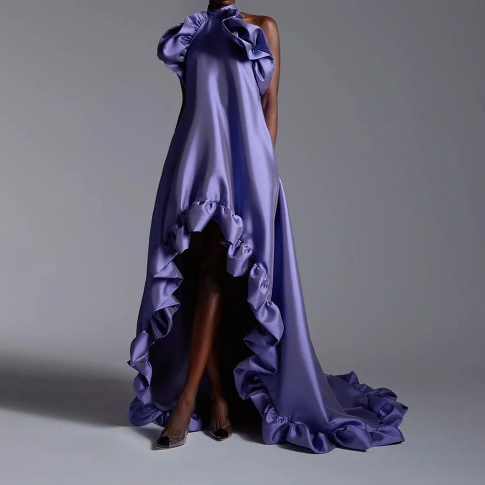 

Женские элегантные плавающие фиолетовые длинные платья с оборками, модное драпированное однотонное вечернее платье, сексуальное вечернее платье без рукавов