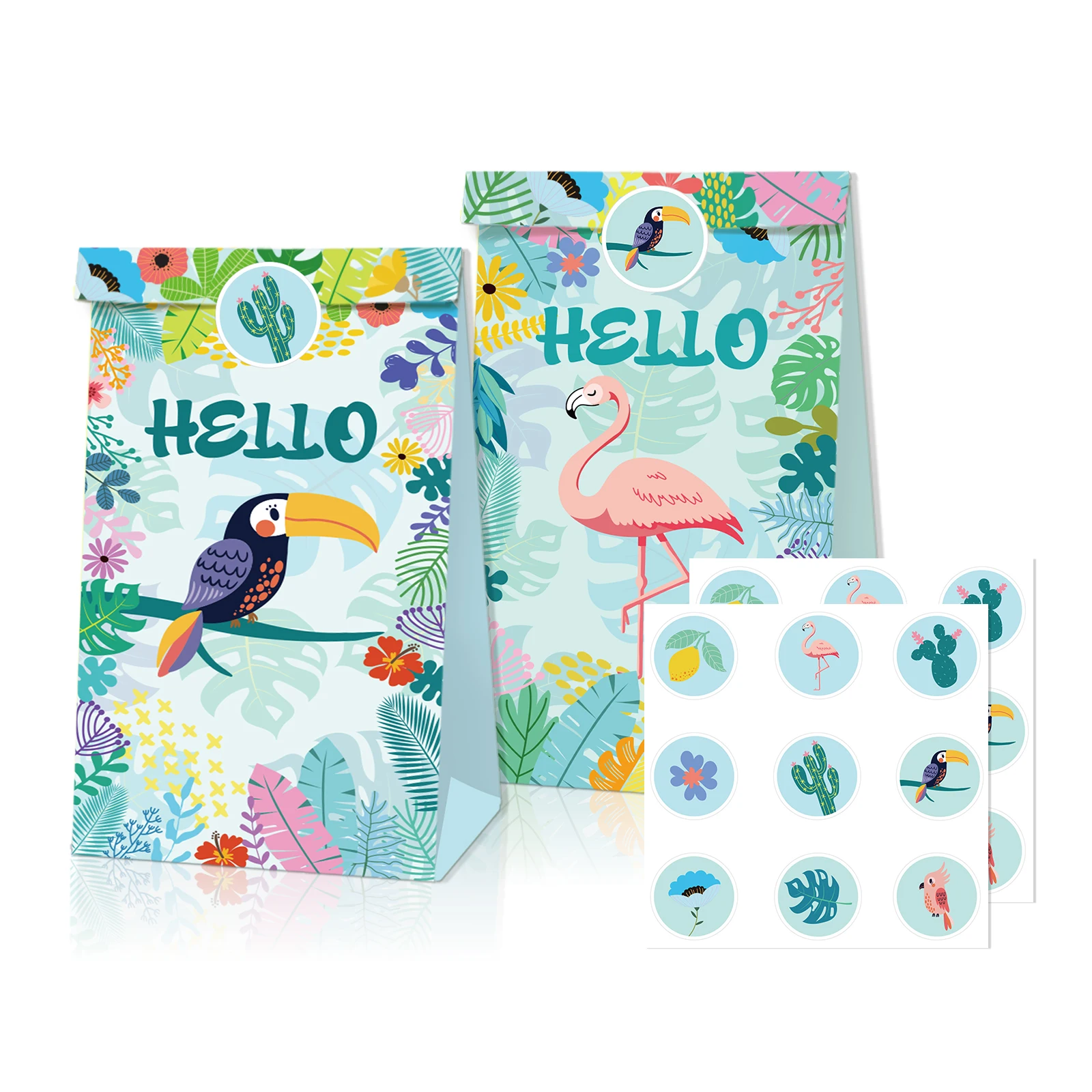 

LB090 12Pcs Summer Hawaii Tropical Animals Toucan Flamingo Birthday Party Candy Kraft Paper Gift Bags Jungle Baby Shower Party