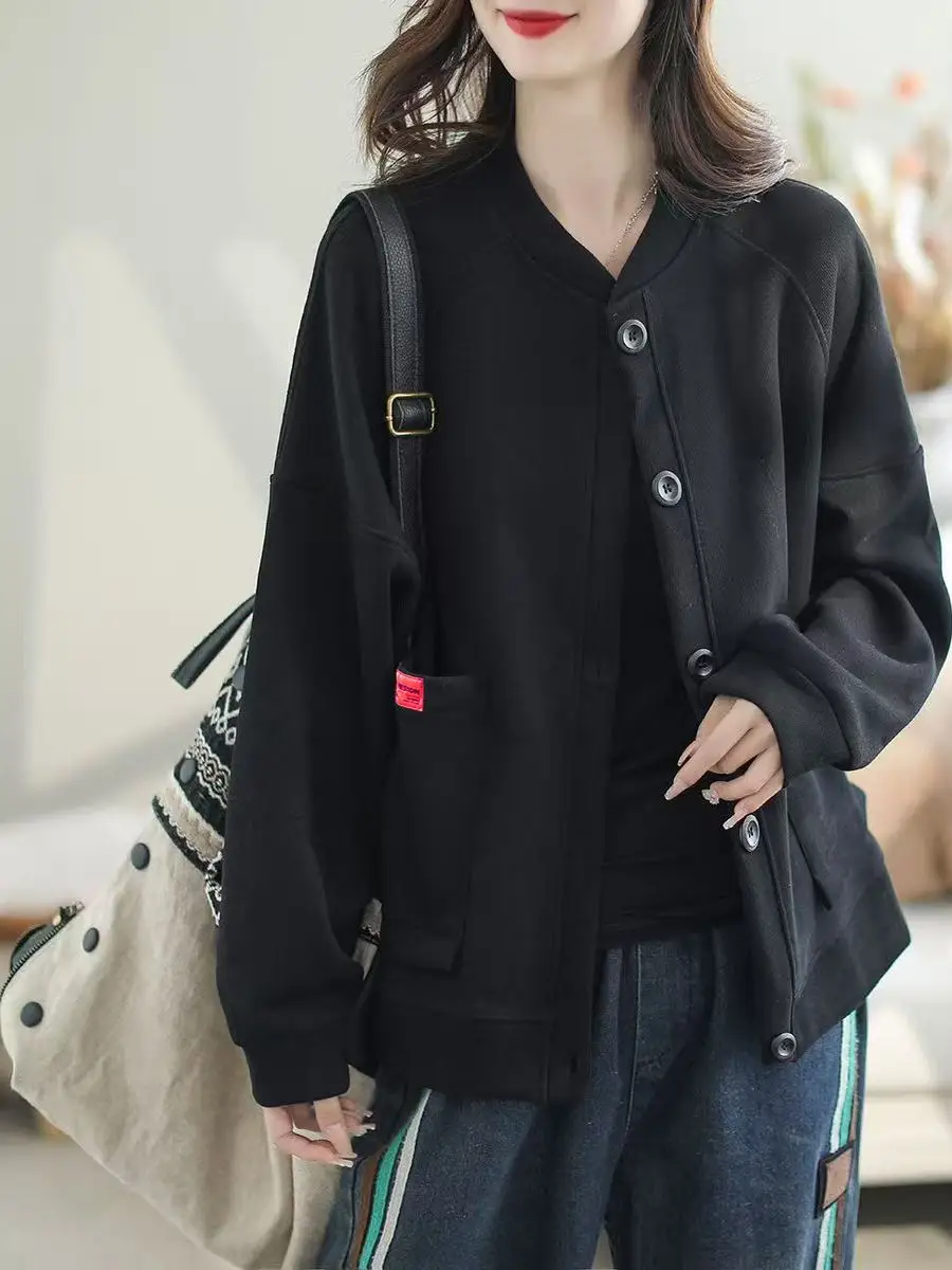 Fashionable Baseball Style Hoodie Jacket Women's Spring Autumn plus Size Stand Collar Cover Belly Top Simple  Color