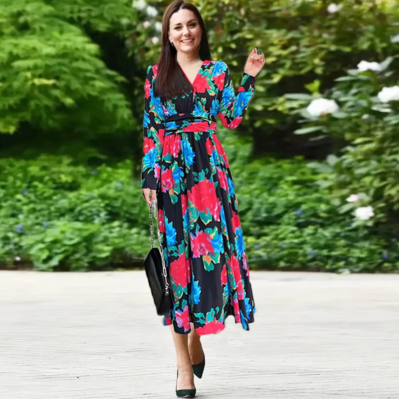 Princess Kate Dress 2023 Women Casual Dress Long Sleeves V-Neck Floral Print Elegant Long Party Dresses  NP2002C