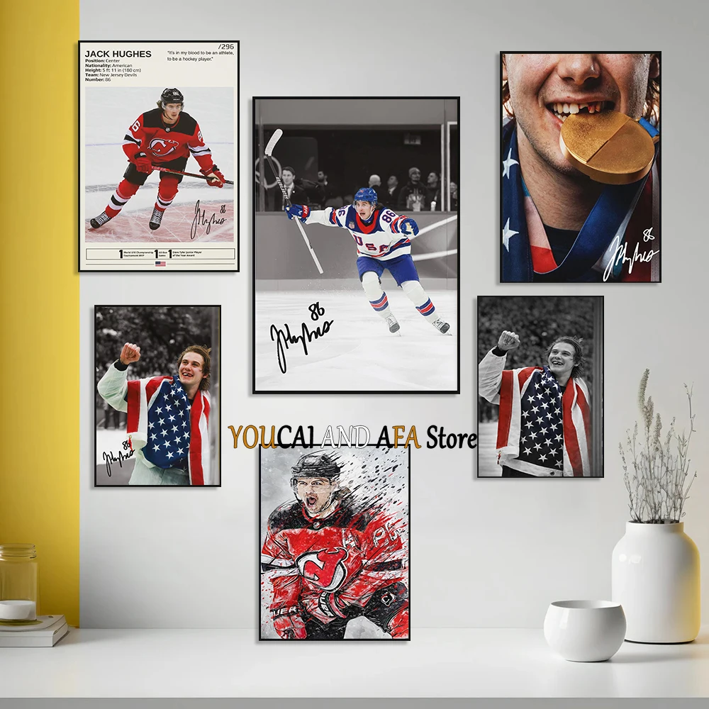 Fotos artísticas de hockey sobre hielo de Jack Hughes, jugador de hockey sobre hielo, icono de la medalla de oro, póster, pintura en lienzo, imágenes de pared, decoración del hogar