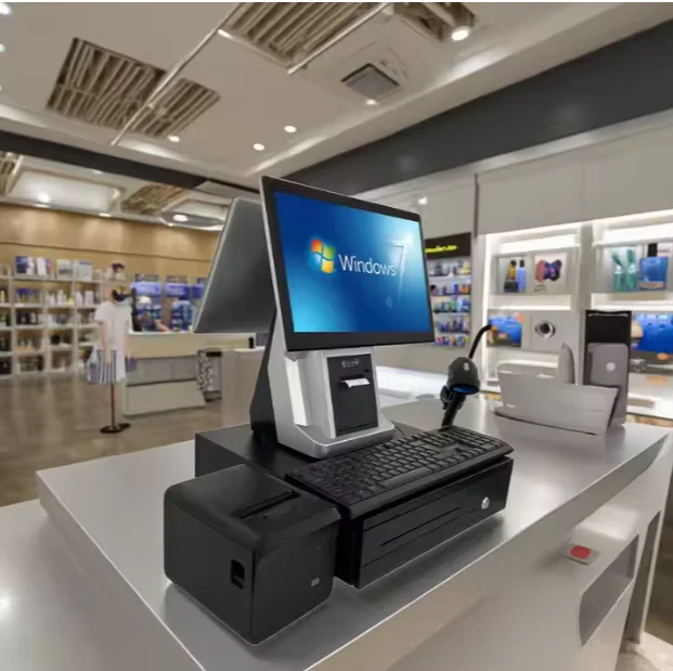 15 6-Zoll-Dual-Touchscreen mit Drucker-Kassensystem für Einzelhandelsgeschäfte, Fenster, All-in-One-Register-Terminalsystem, Abrechnung
