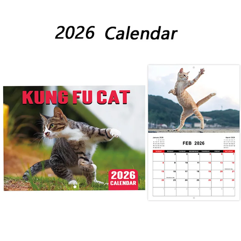 

Календарь с изображением кунг-фу и кота на 2026 год, настенный календарь на Новый год, забавные тематические подарки с котом для любителей кошек, новогодние рождественские подарки