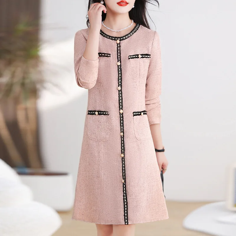 Women Small Fragrance Pink Long-sleeved Elegant Dress Female Spring Autumn New Korea Chic Sweet Office Tweed Dress 3XL 1649