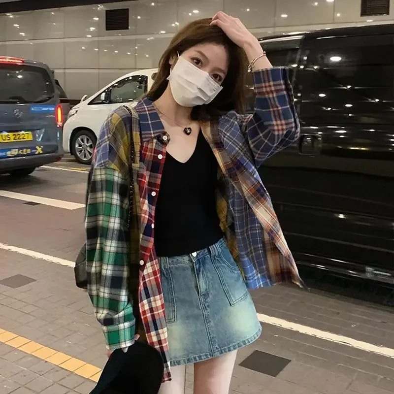 Retro Plaid Patchwork Shirt Spring Summer New Women's Loose Versatile Fashion Cardigan Long Sleeved Sun Protection Shirt Jacket