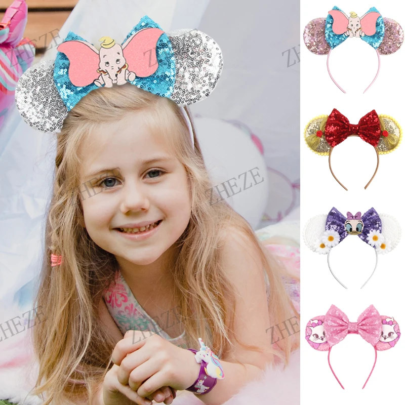 2024 Cute Dumbo Disney Ears Cartoon Mouse Headband Sequin Bow Hairband Girls Boys Festival Party Cosplay DIY Hair Accessories