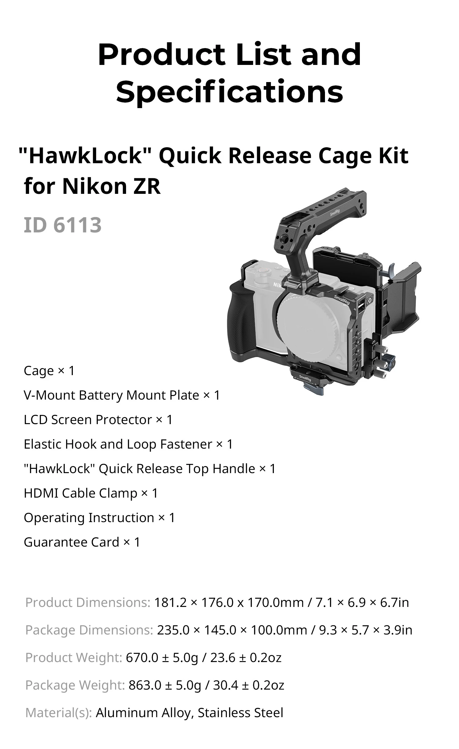 SmallRig ZR Half Cage voor Nikon ZR, ingebouwde Arca-Swiss Quick Release Plate voor DJI Gimbals met 1/4 "-20 schroefdraadgaten -5905