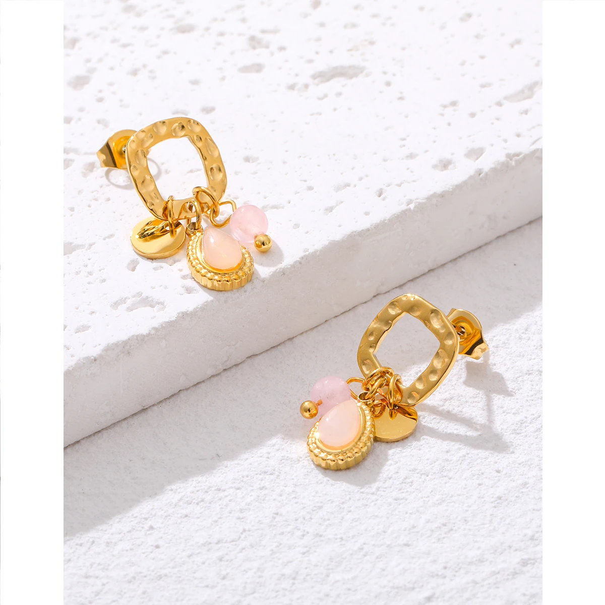 YACHAN 18K Gold Plated Stainless Steel Natural Stone Drop Earrings for Women Chic Cute Pink Charms Tarnish Free Jewelry