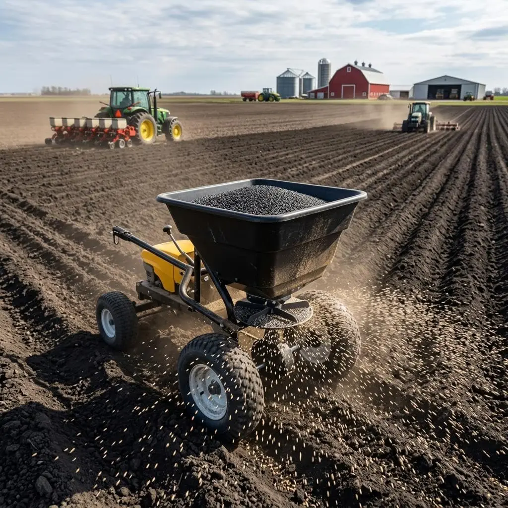 Tow Behind Broadcast Spreader 80 Lbs Capacity Pull Behind Seed Spreader Carbon Steel Lawn And Garden Spreader 10 Ft Spread Width 10 Inch Tires Adjustable Flow Control For Fertilizer Salt Ice Melt And ATV
