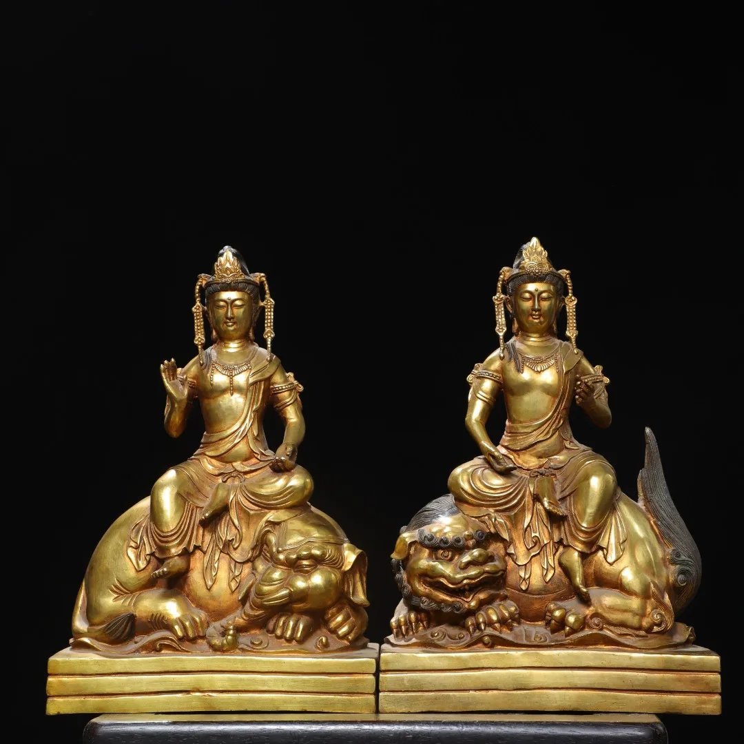 

15 "Старая бронза, позолоченная Манджушри Бодхисаттва Самантабхадра, монтировка зверя, Будда, набор, зал поклонения, городской дом