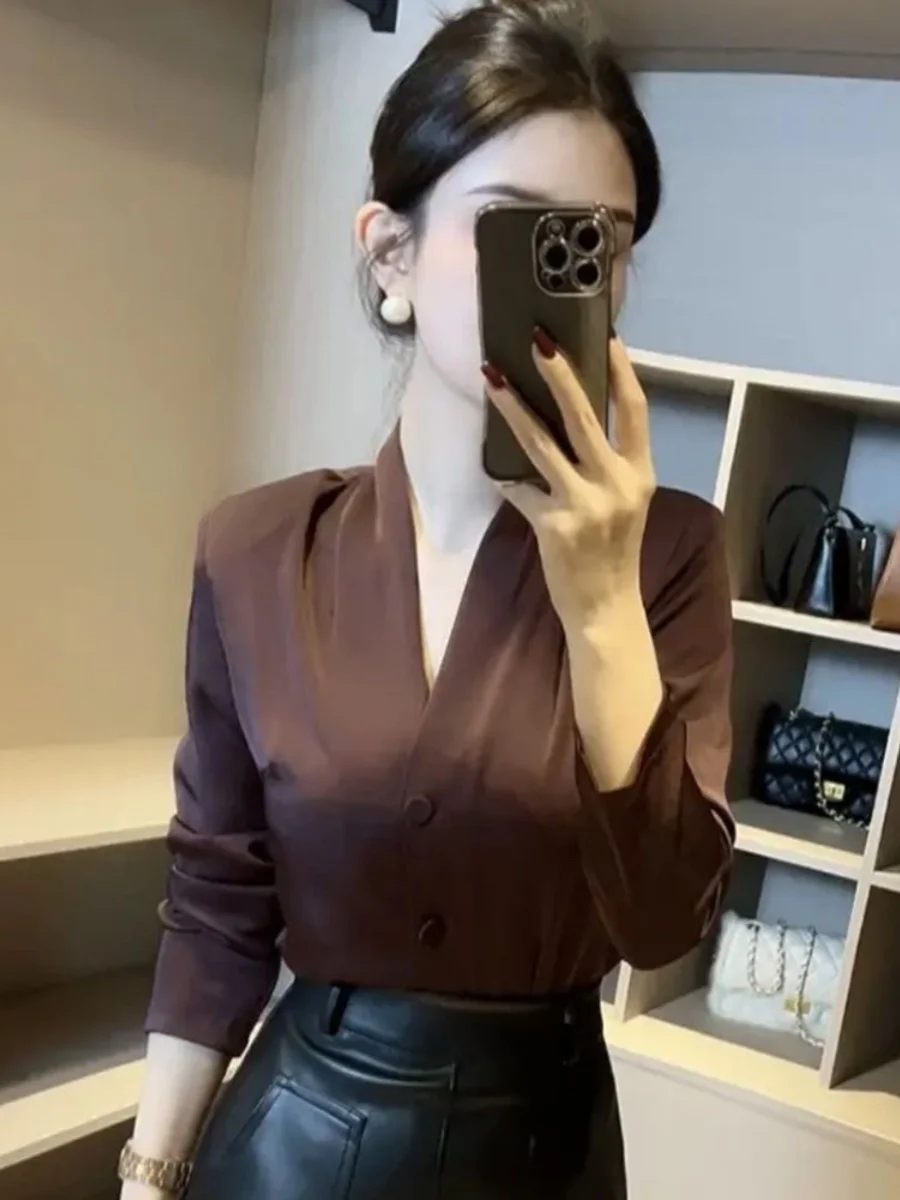 

Design Sensation Button up V-Ne White irt Long Sve Base Layer Top для женщин Весна Осень Утягивающий Fitted irt