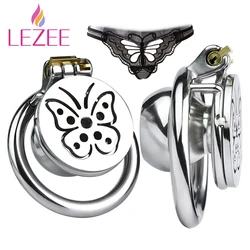 LEZEE Metal Negative Male Chastity Cage Device With PU Strapon Belt Urethral Plug Penis Ring Adult Product BDSM Sex Toys For Men