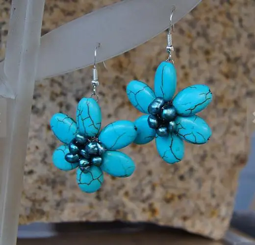 

Handmade Blue Turquoise Earrings Natural Baroque Pearls Turquoise Flower Earrings S925 Silver Hoop Dangle Earrings Jewelry