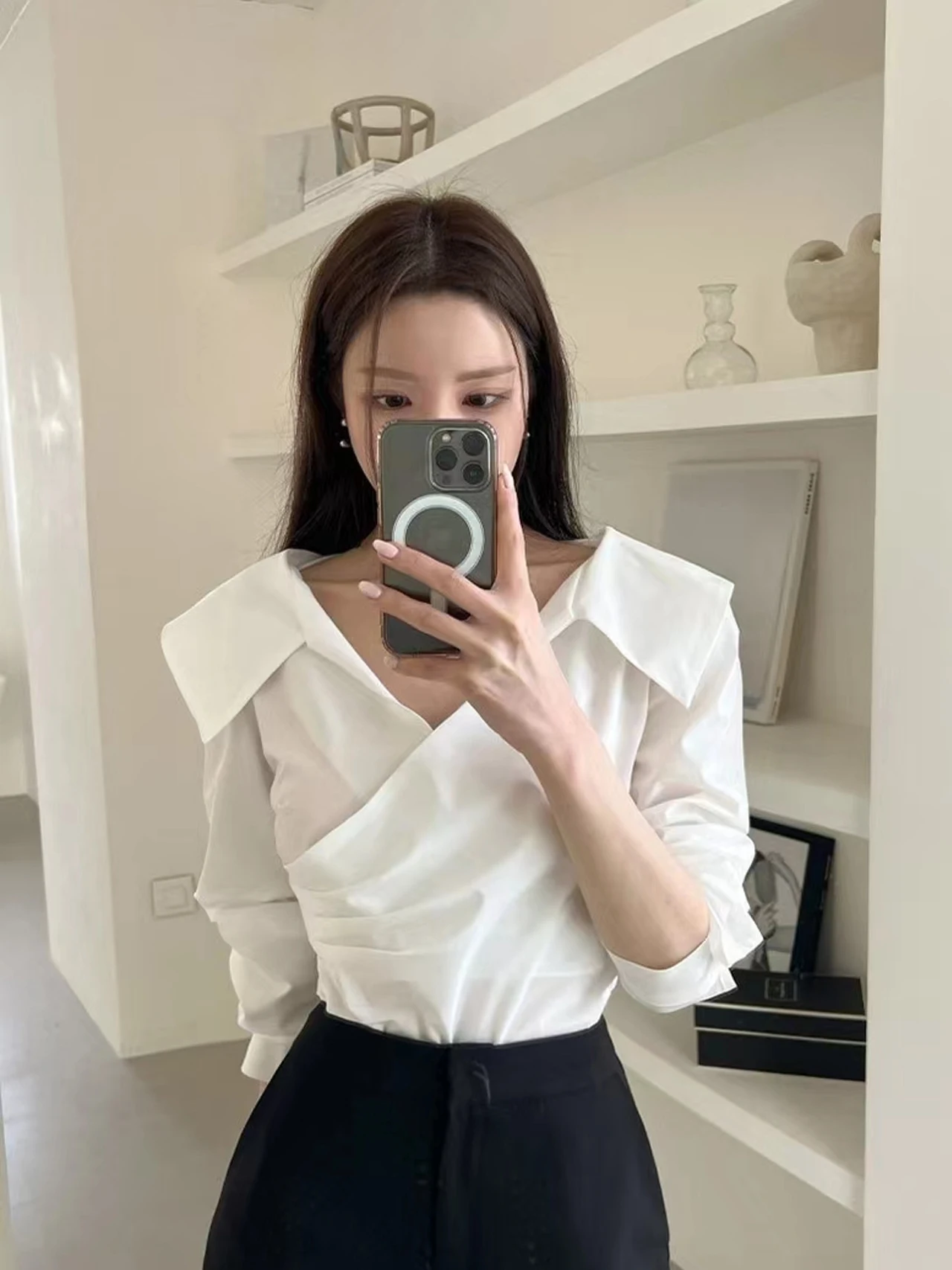 Ele V-Ne Long Sve feminino irt outono design sentido plissado cintura amarrando versátil Faion coreano sle corte reto