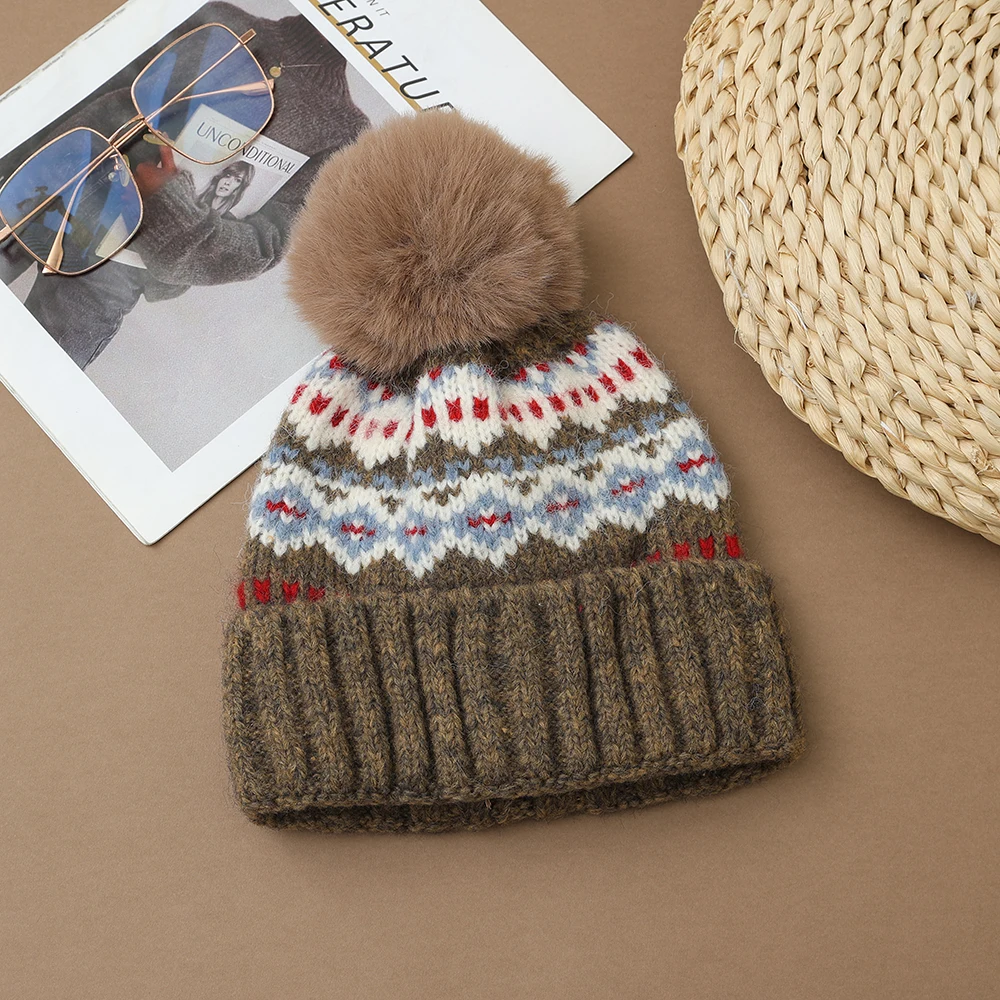 المرأة الشتاء قبعة دافئة غزل سميك جديد الجاكار قبعات منسوجة موضة الفراء الكرة قبعة زوجين قبعات #5