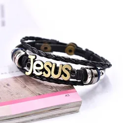 Pulsera de cuentas tejidas de cuero multicapa para hombre, brazalete de Jesús, accesorios religiosos, joyería de Talismán, moda, nuevo