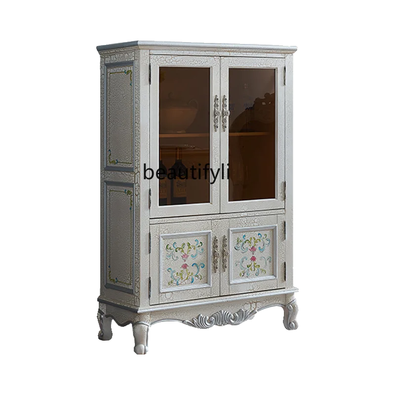 

American-Style Retro Low Bookcase Storage Cabinet European-Style Solid Wood Double-Door Glass Living Room Wine Cabinet