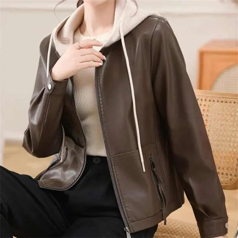 Leather Jacket High-grade Hooded Leather Jacket Female Short Spring and Autumn Loose Fashion Joker Casual Leather Jacket Tide