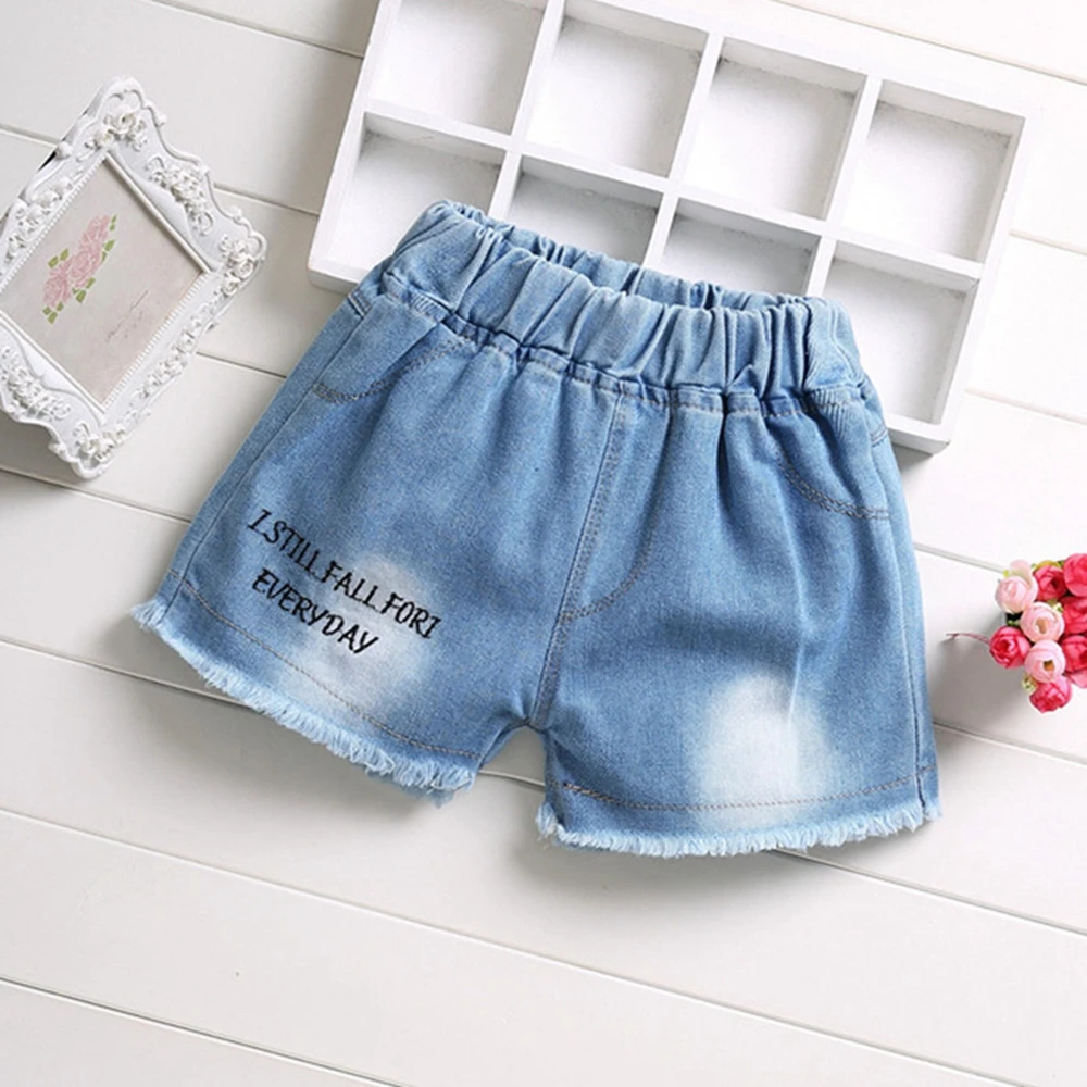 Girls Jeans Summer New Letter Printing Casual all-Match Hot Pants Children's Raw Edge Pants 3 4 5 6 7 8 9 10 1112 13 Year