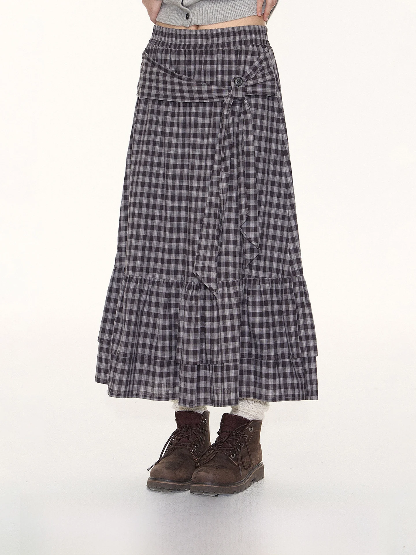 

Оригинальная женская юбка NAPSNAPS в клетку с поясом, А-силуэт, миди, двухслойная, льняная, с плиссировкой, в японском стиле, длинная юбка