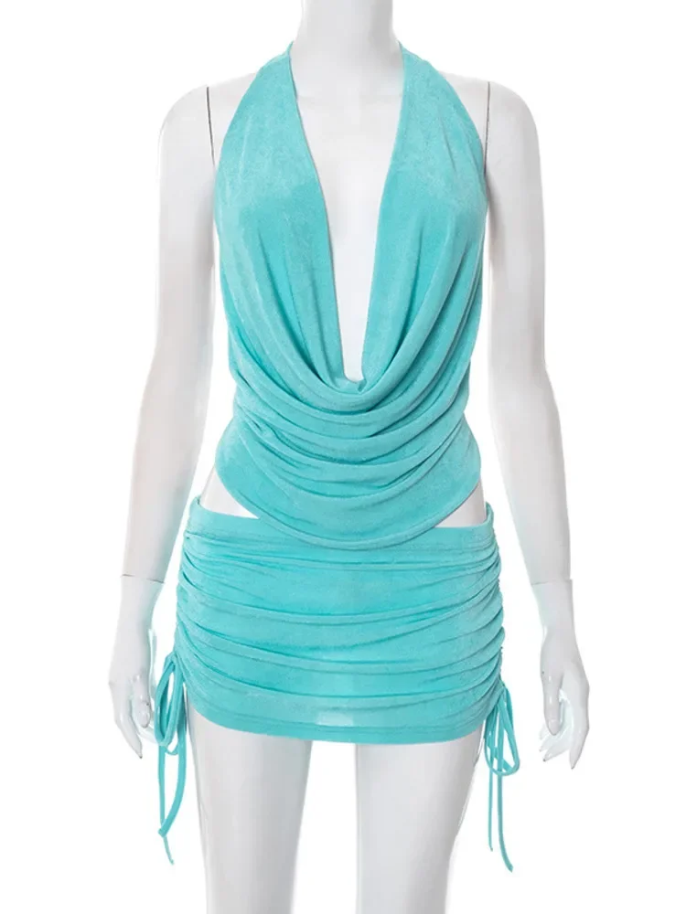 Sexy sem costas saia conjunto de duas peças feminino halter decote em v regata e mini saia conjuntos combinando vestido de festa ruched conjunto