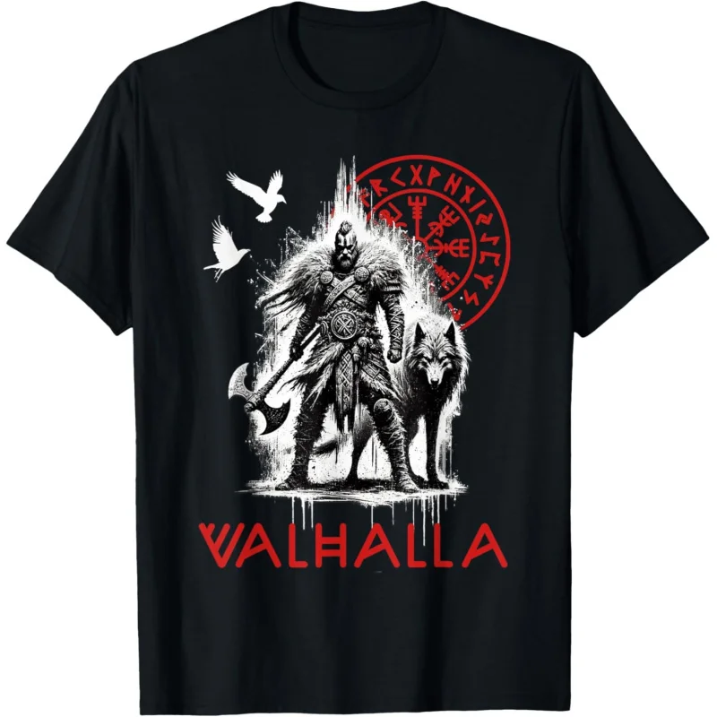 

Valhalla Odin Wolf and Raven Viking Runes Norse Compass Celtic Gift t shirt Norse Myths printed Graphic clothes All size tops