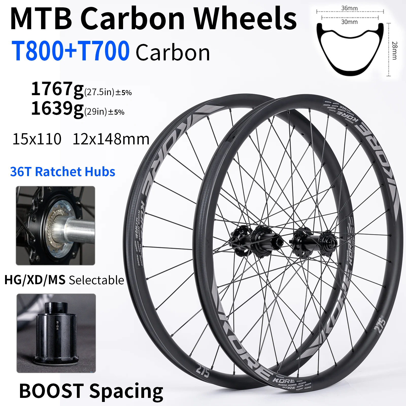 

27.5 29er Carbon Wheels Mtb Bike 36T Ratchet 28 HG XD MS 30/36mm Width Boost Tubeless Tire 6-Bolt Disc Brake Ultralight Wheelset