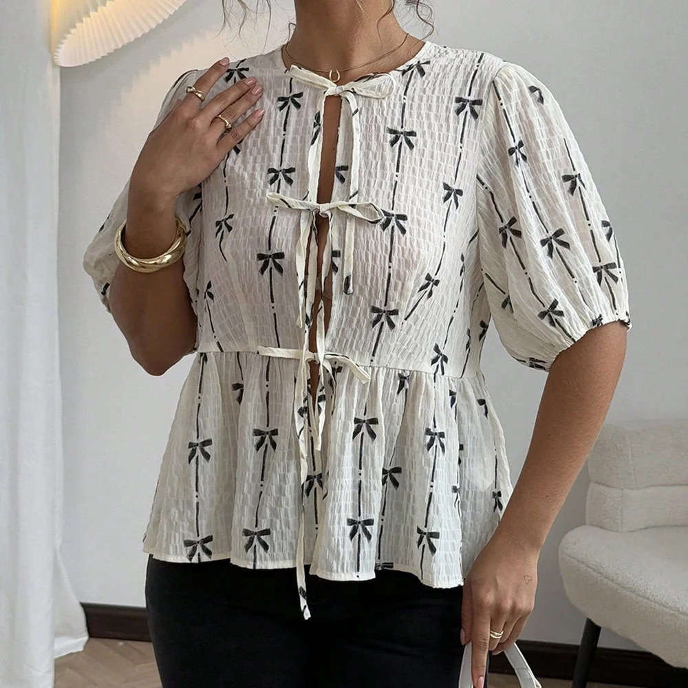 بالإضافة إلى حجم الربيع الصيف رومانسية فراشة عقدة نمط فقاعة كم التعادل الفتاة قميص أنيق المؤنث الموضة